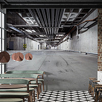 Industrial Underground Parking Wall Mural – Modern Concrete Garage Wallpaper for Commercial Spaces