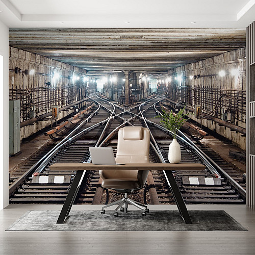 Underground Train Tracks Wall Mural – Industrial Urban Tunnel Design