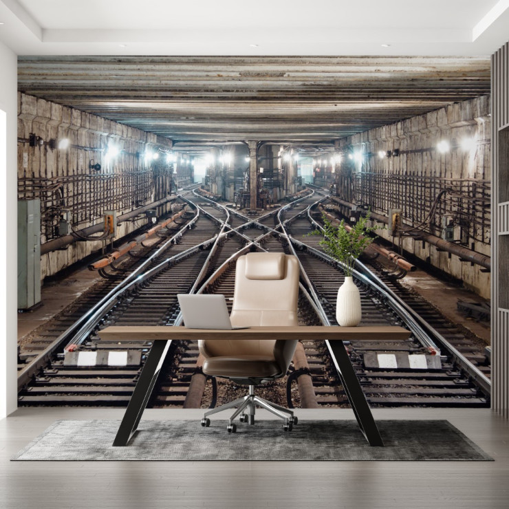 Underground Train Tracks Wall Mural – Industrial Urban Tunnel Design