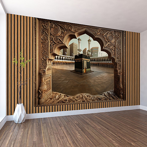 Kaaba Arch View Wall Mural – Ornate Islamic Wood Carved Design