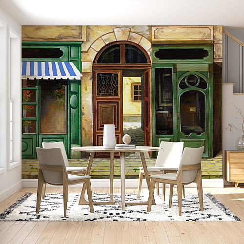Vintage European Street Facade Wall Mural – Artistic Old Town Doorway Wallpaper for Dining Room