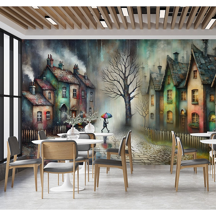 Whimsical Village Street Wall Mural – Colorful Rainy Day Artistic Design