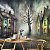 Whimsical Village Street Wall Mural – Colorful Rainy Day Artistic Design