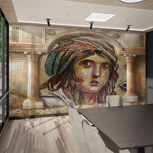Ancient Roman Mosaic Portrait Wall Mural – Classical Architecture Art Wallpaper for Elegant Interiors
