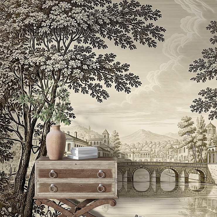 Vintage Landscape Bridge Wall Mural – Classic Sepia Countryside Design