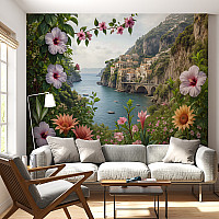 Coastal Floral View Wall Mural – Mediterranean Scenic Landscape Design