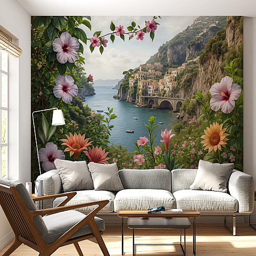Coastal Floral View Wall Mural – Mediterranean Scenic Landscape Design