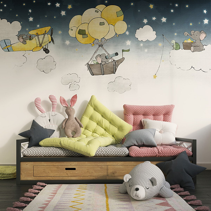 Cute Animal Airplane Wall Mural – Kids Adventure Sky Design
