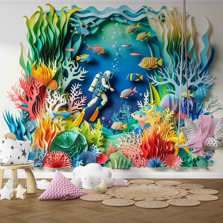 3D Paper Cut Ocean Reef Wall Mural – Colorful Underwater Diver Kids Wallpaper for Playroom & Nursery