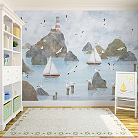 Coastal Lighthouse Kids Wall Mural – Sailboat & Seagull Sea Wallpaper for Nursery Room