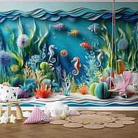 Underwater Ocean Adventure Wall Mural – Colorful Sea Life Wallpaper for Kids Room