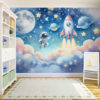 Dreamy Space Rocket Wall Mural – Cute Astronaut & Stars Kids Wallpaper for Nursery