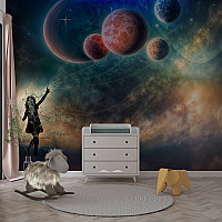 Dreamy Space Kids Wall Mural – Girl and Planets Fantasy Design