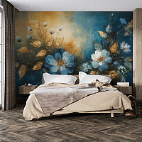 Blue Gold Floral Wall Mural – Abstract Luxury Botanical Design