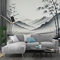 Zen Bamboo Ink Landscape Wall Mural – Minimal Asian Mountain Wallpaper