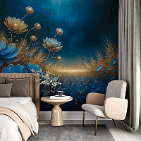 Luxury Blue Gold Floral Wall Mural – Elegant Botanical Art Design
