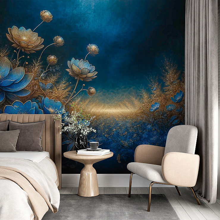 Luxury Blue Gold Floral Wall Mural – Elegant Botanical Art Design