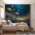 Luxury Blue Gold Floral Wall Mural – Elegant Botanical Art Design