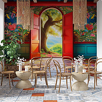 Tropical Doorway Garden Wall Mural – Colorful Exotic Interior View Wallpaper for Café & Living Room