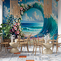 Tropical Wave Floral Arch Wall Mural – Ocean Paradise Beach Wallpaper for Café & Living Spaces