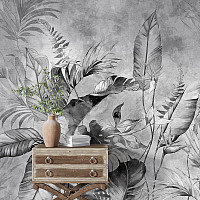 Monochrome Tropical Leaves Wall Mural – Elegant Grey Botanical Design