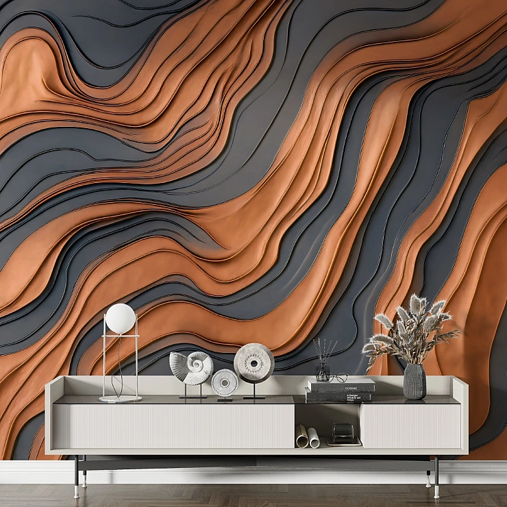 Abstract Copper Flow Wall Mural – Modern 3D Metallic Wave Texture Wallpaper