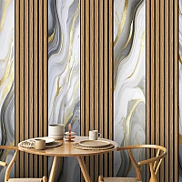 Modern Wood Slat Marble Wall Mural – Elegant Gold Vein Design