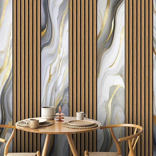 Modern Wood Slat Marble Wall Mural – Elegant Gold Vein Design