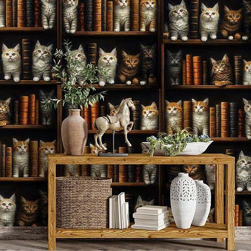Cats Library Wall Mural – Vintage Bookshelf Animal Pattern Design