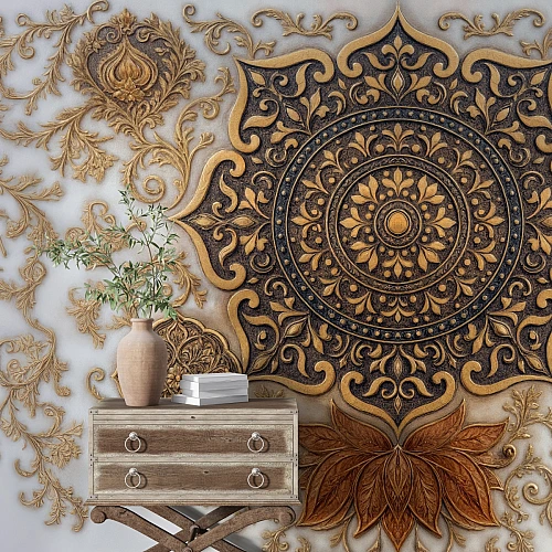 Luxury Gold Mandala Wall Mural – Classic Ornamental Wallpaper for Elegant Interiors