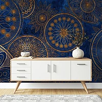 Blue Gold Mandala Wall Mural – Luxury Geometric Pattern Design