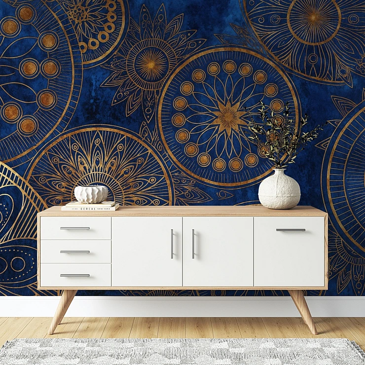 Blue Gold Mandala Wall Mural – Luxury Geometric Pattern Design