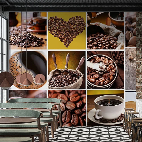Coffee Bean Collage Wall Mural – Rustic Cafe Photography Design