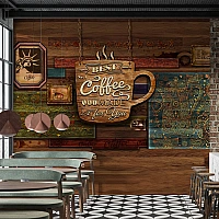 Vintage Coffee Wall Mural – Rustic Café Typography Design