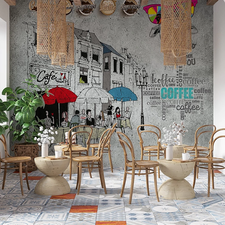 Vintage Café Sketch Wall Mural – Urban Coffee Typography Design
