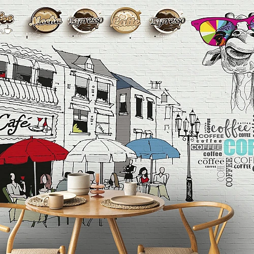 Coffee Shop Sketch Wall Mural – Modern Café Street Art Design