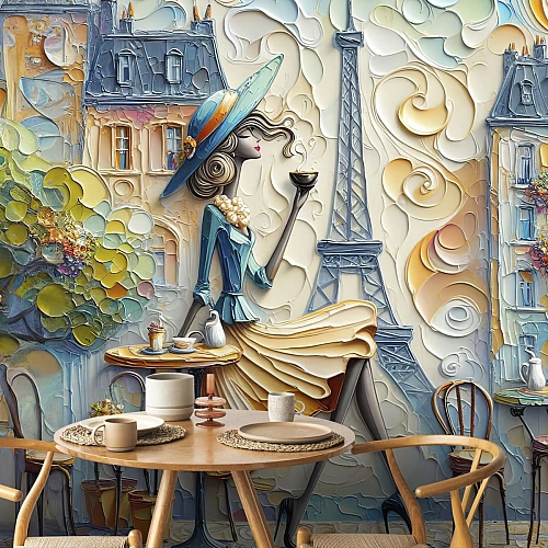 Parisian Cafe Art Wall Mural – Elegant Eiffel Tower Illustration Design