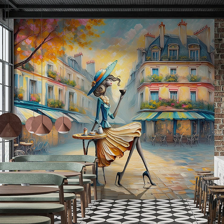 Paris Street Art Wall Mural – Elegant Woman Café Scene Design
