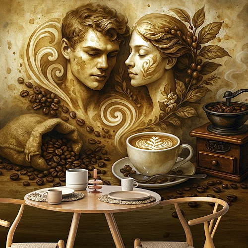 Romantic Coffee Art Wall Mural – Vintage Couple and Cafe Design