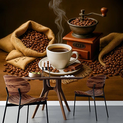 Coffee Beans Still Life Wall Mural – Rustic Cafe Aroma Design