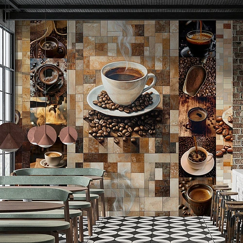 Coffee Collage Wall Mural – Rustic Cafe Cup and Bean Design
