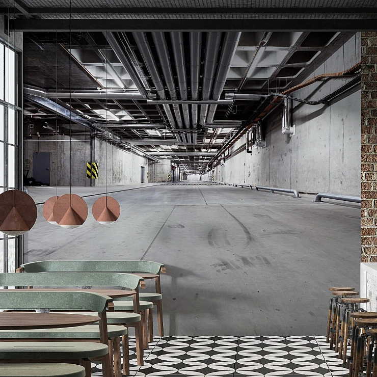 Industrial Underground Parking Wall Mural – Modern Concrete Garage Wallpaper for Commercial Spaces