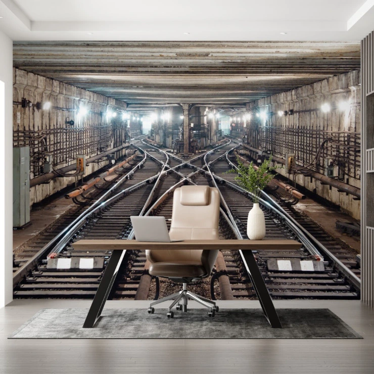 Underground Train Tracks Wall Mural – Industrial Urban Tunnel Design