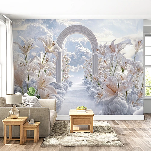 Heavenly Archway Floral Wall Mural – Elegant Dreamscape Lily Wallpaper for Living Room