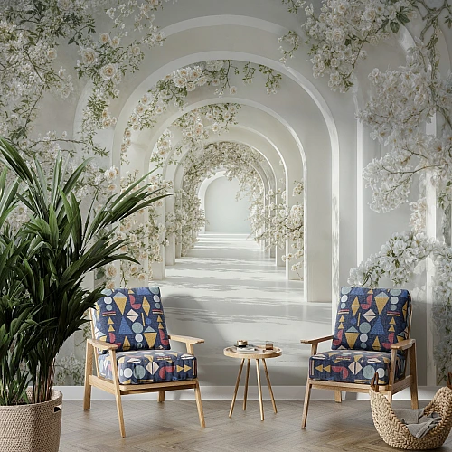 Elegant Floral Archway Wall Mural – White Garden Corridor Design