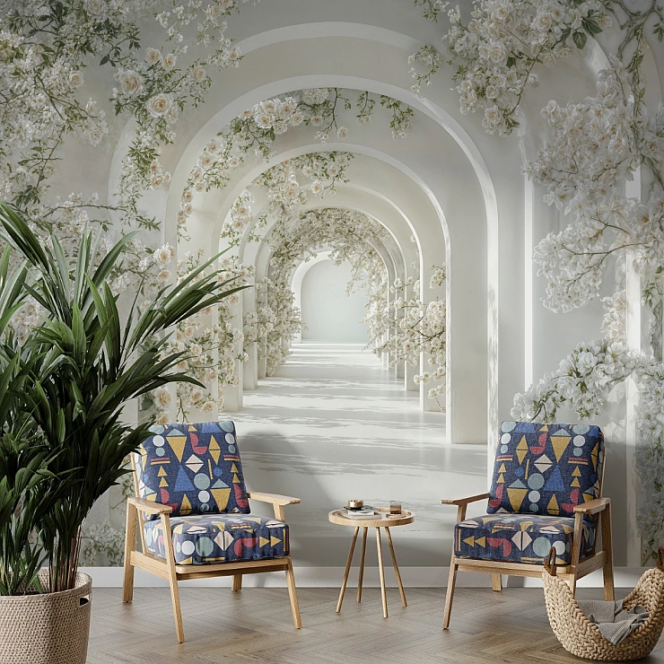 Elegant Floral Archway Wall Mural – White Garden Corridor Design