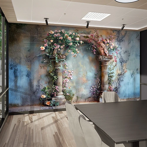 Romantic Floral Arch Column Wall Mural – Vintage Garden Wallpaper for Elegant Interiors