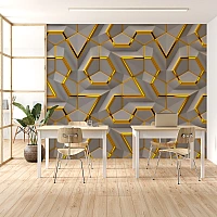 Modern Geometric 3D Wall Mural – Gold Hexagon Futuristic Design