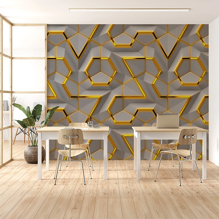 Modern Geometric 3D Wall Mural – Gold Hexagon Futuristic Design