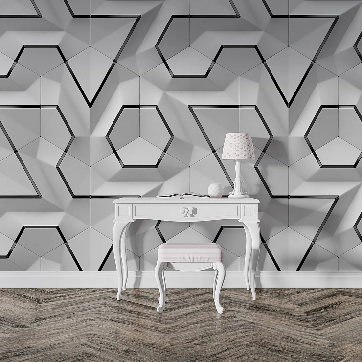 3D Hexagon Pattern Wall Mural – Grey Geometric Line Design